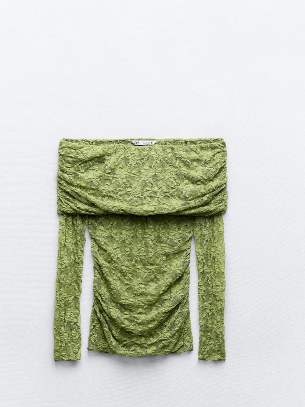 Zara Olive Lace Off-Shoulder Ruched Top